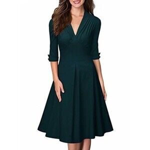 MIUSOL Retro 1950's V-Neck Fit & Flare Half Sleeves Party Dress Green Small NWTs